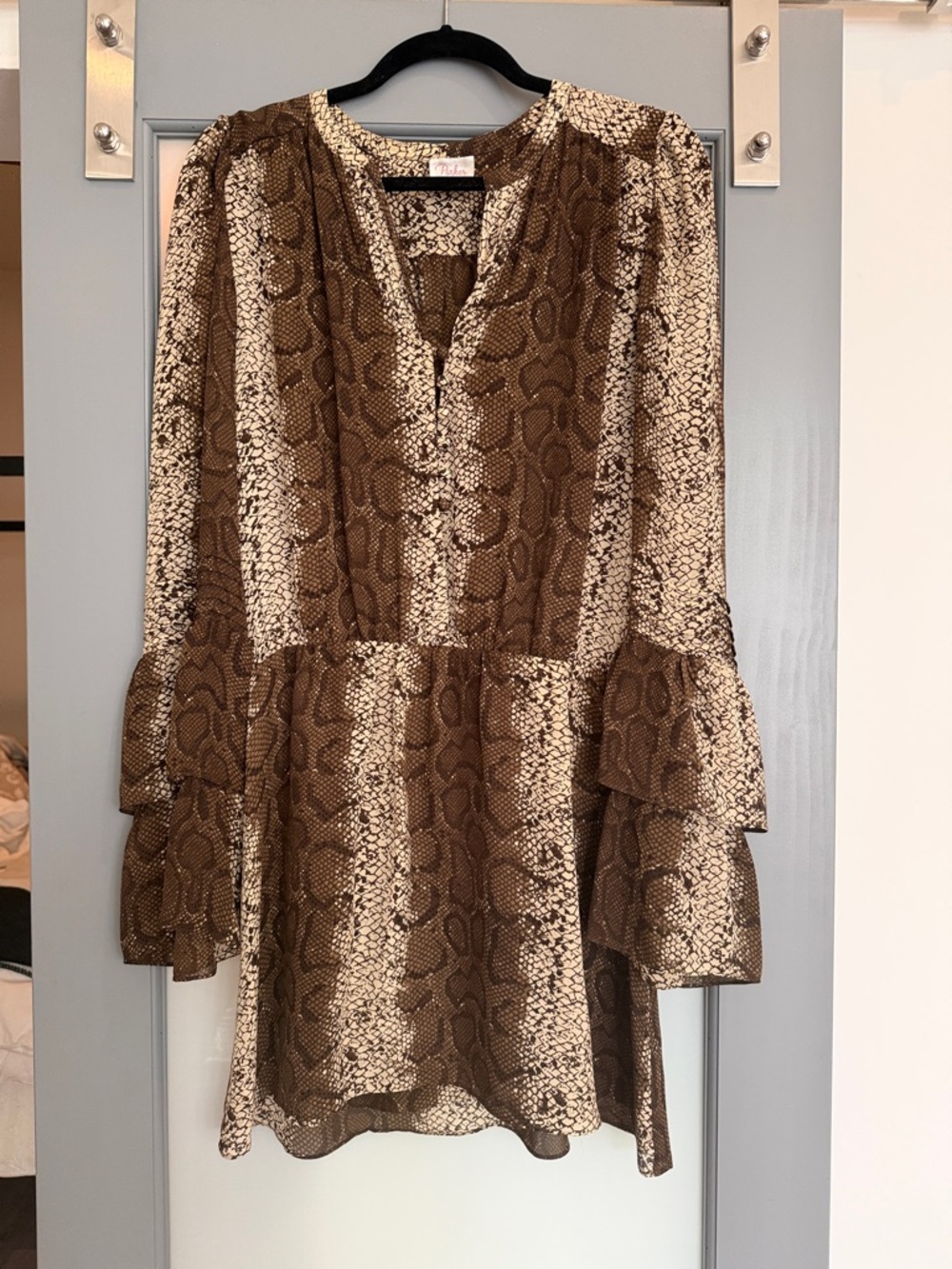 Parker Silk Brown Snake Print Long Flared Sleeve Mini Dress